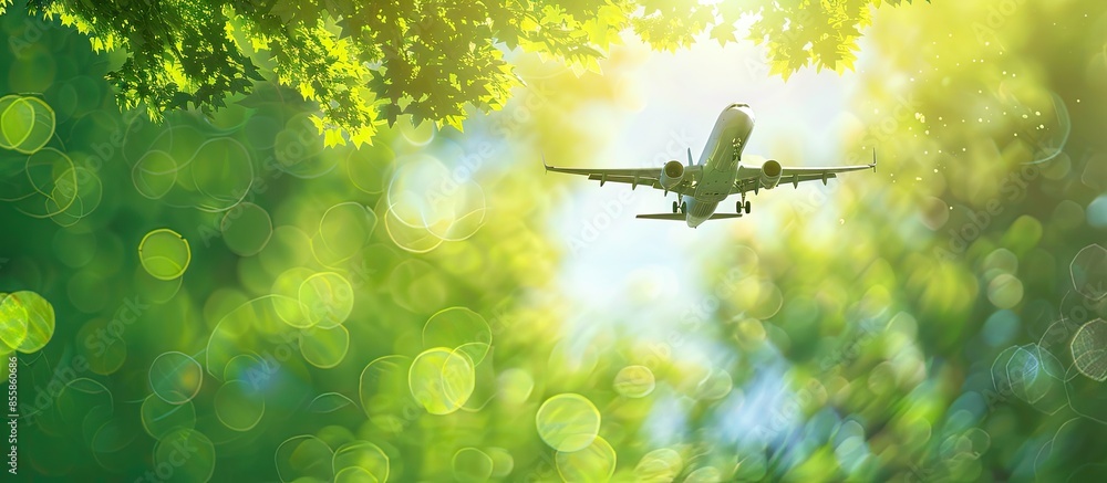 Poster eco-friendly air transport concept. the plane flies in the sky against the background of green trees