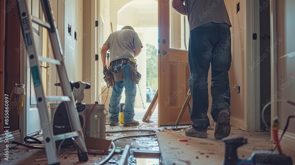 Poster Two workers install a new door in a home. One stands on a ladder, the other adjusts the frame. Tools and materials are in the work area. Generative AI