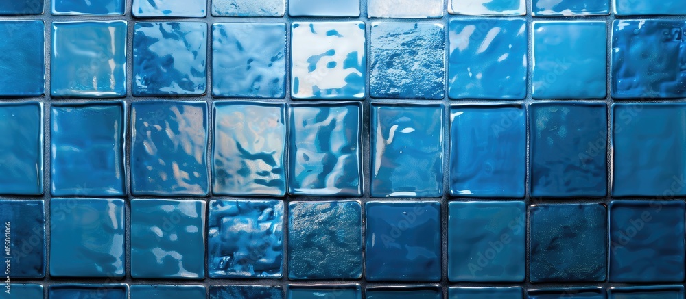 Poster blue square tile in the bathroom background. with copy space image. Place for adding text or design