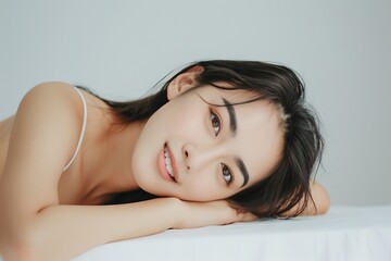 Obraz premium Beautiful young Asian woman Skin care. Woman with beauty face touching healthy facial skin portrait. Beautiful smiling asian girl model with natural makeup touching glowing hydrated skin