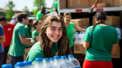 Teenage girl helping at community event diverse people unloading water bottles from truck, charity volunteer work