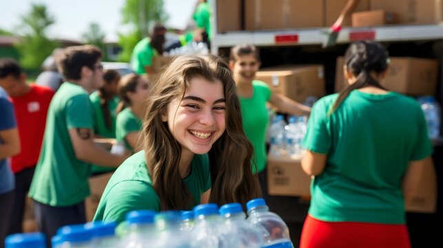 Teenage girl helping at community event diverse people unloading water bottles from truck, charity volunteer work