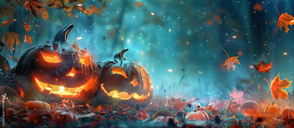Poster Jack O' Lanterns Glowing In Fantasy Night. Halloween Background. with copy space image. Place for adding text or design