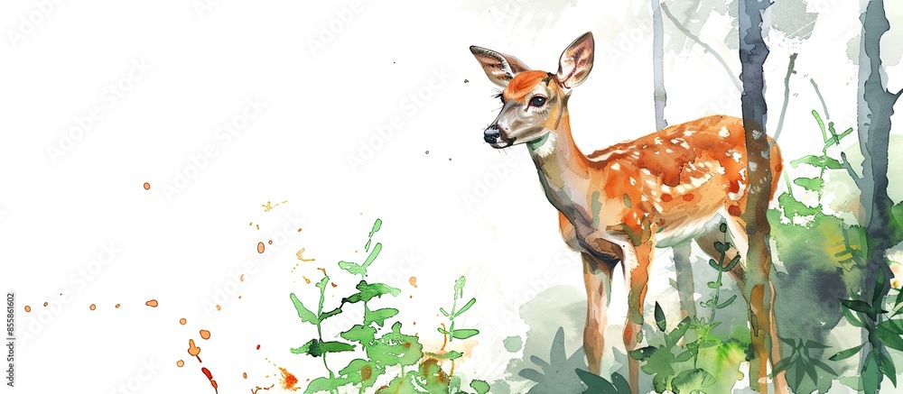 Poster watercolor painting white background forest deer. copy space image. place for adding text or design