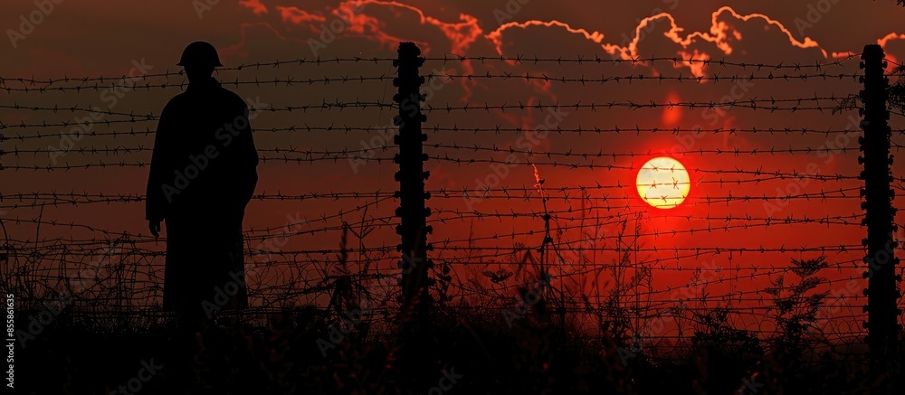 Poster silhouette of a prisoner behind a barbed wire fence in a concentration camp against fiery setting su