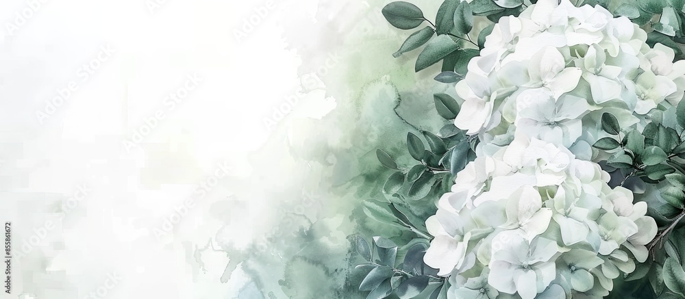 Poster watercolor bouquet with white flowers and green branches. hydrangea and eucalyptus. pastel backgroun