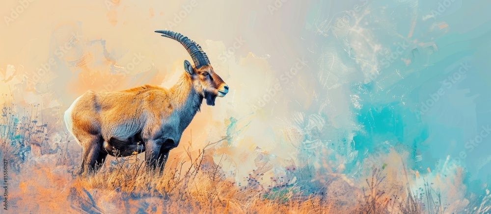Aufkleber The hidden Ibex (Capra ibex) pastel background . with copy space image. Place for adding text or design