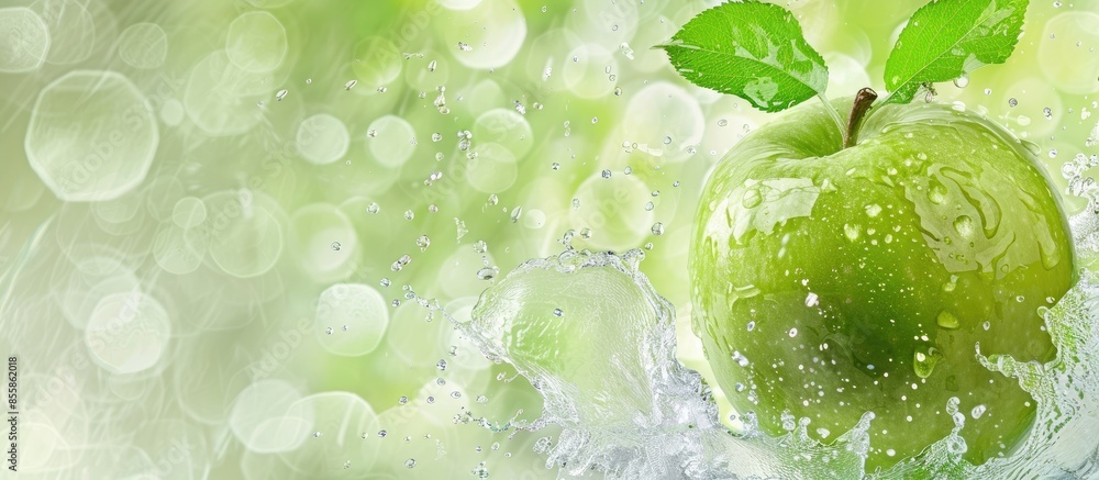 Poster Green apple and splashes of water on a colopastel background. with copy space image. Place for adding text or design
