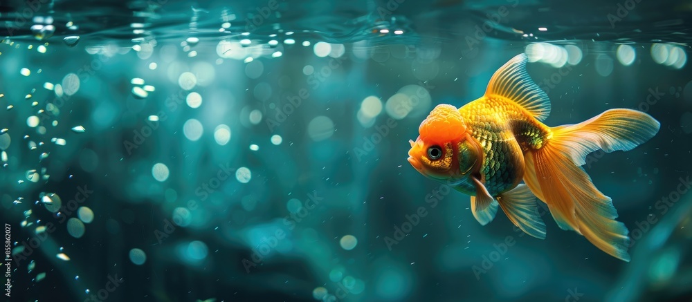 Poster single goldfish, a lion head, in the tank. with copy space image. place for adding text or design