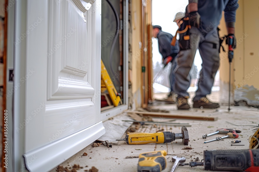 Poster A close-up of a new white door being installed by two workers, with tools and the old door visible in the background. Generative AI