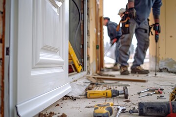 A close-up of a new white door being installed by two workers, with tools and the old door visible in the background. Generative AI