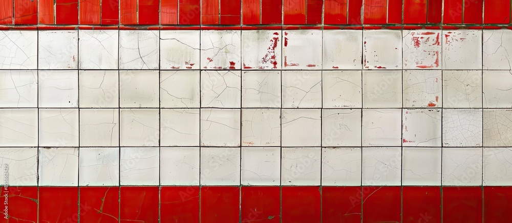 Poster Horizontal rectangular tiled wall in bathroom in detail.  Tiles red and white chinks. with copy space image. Place for adding text or design