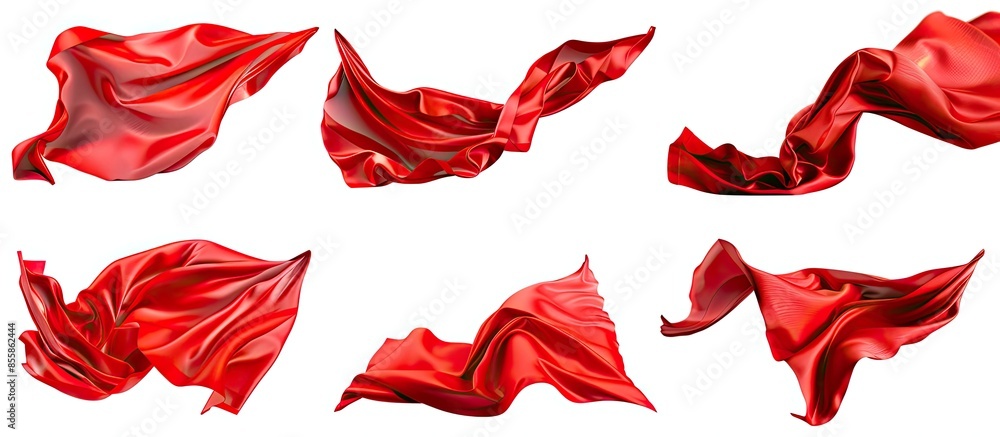 Poster collection of flying red silk fabric. waving satin cloth isolated on white background. copy space im