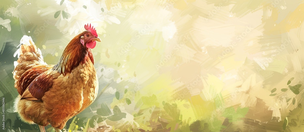 Poster brown hen sitting down in a warm day in the backyard pastel background. with copy space image. Place for adding text or design