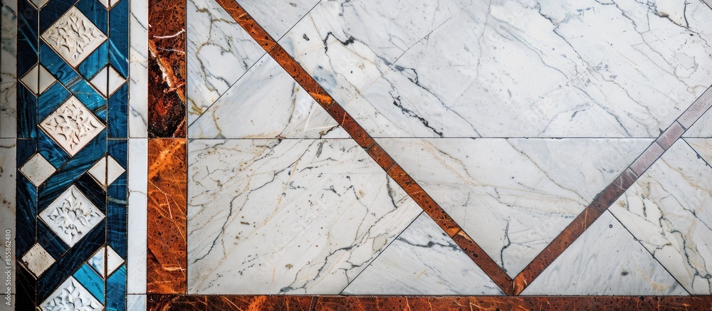 Poster white stone marble floor with decorative blue border and brown tiles. with copy space image. place f