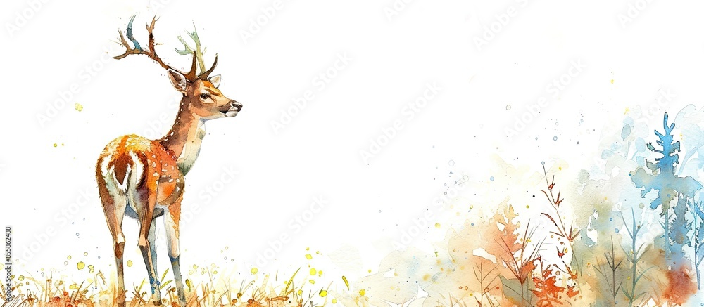 Poster watercolor painting white background forest deer. copy space image. place for adding text or design