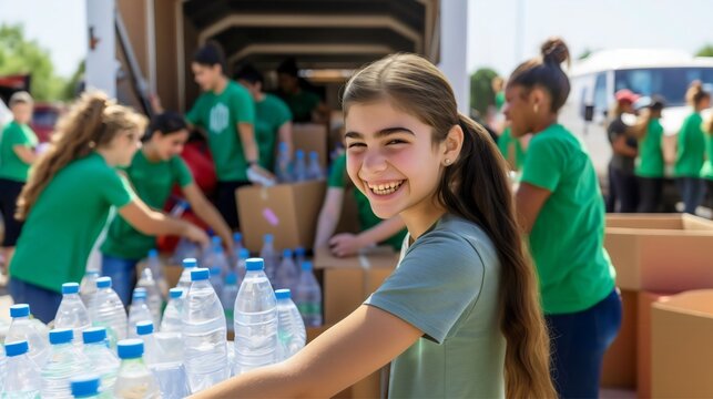 Teenage girl helping at community event diverse people unloading water bottles from truck, charity volunteer work