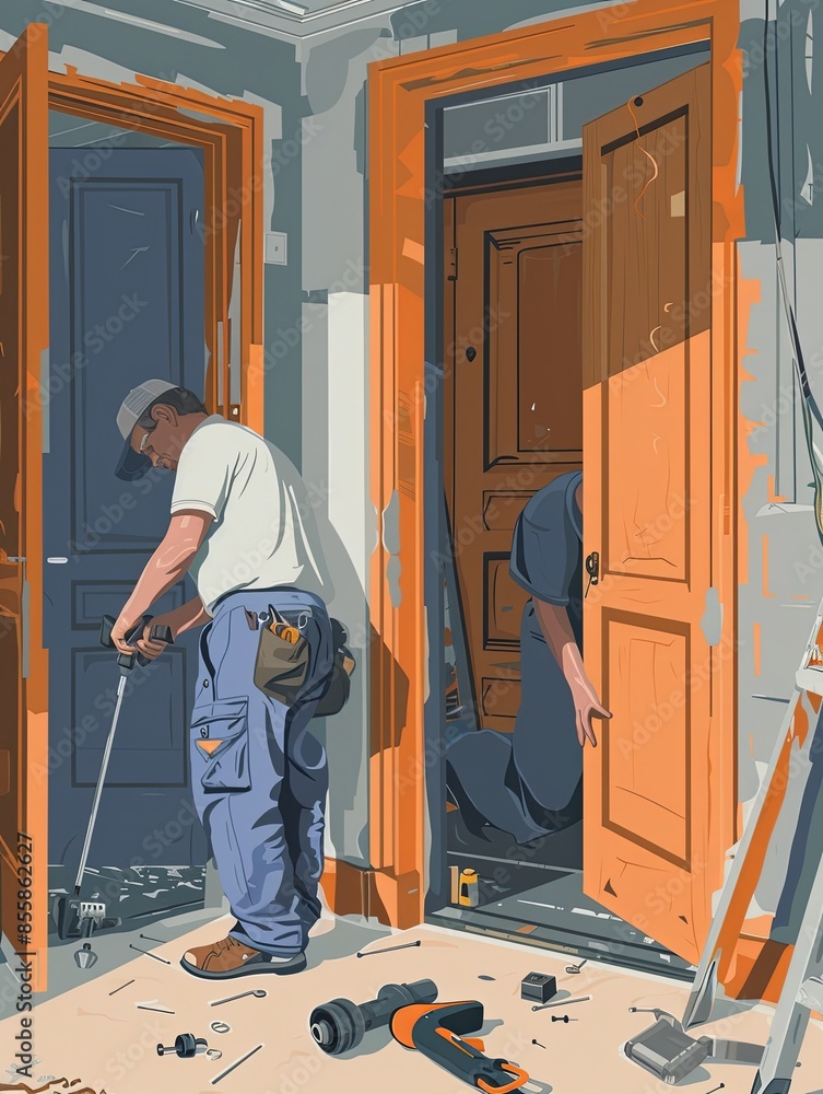 Poster two workers meticulously install a new door in a home. the new door is open, revealing a glimpse of 