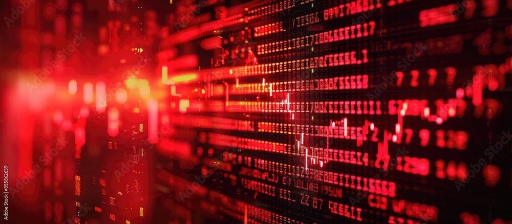 Poster Display of red electronic board of stock market quotes. down trend or recession concept. with copy space image. Place for adding text or design