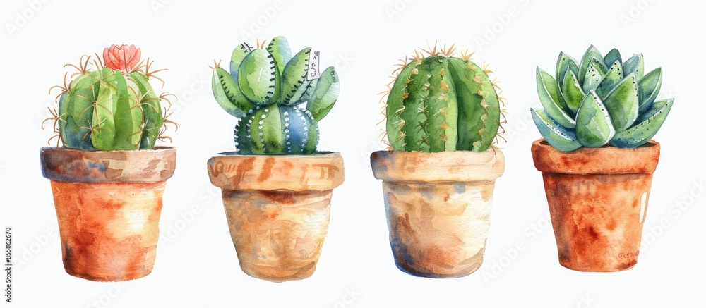 Poster watercolor succulent houseplant cactus with thorns in flower pot closeup isolated on white backgroun