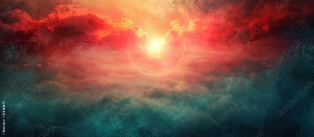 Poster Abstract. Fog and clouds looking up into a fantasy multicolored sky. The bright red sun illuminates the whole picture. Copy space image. Place for adding text or design