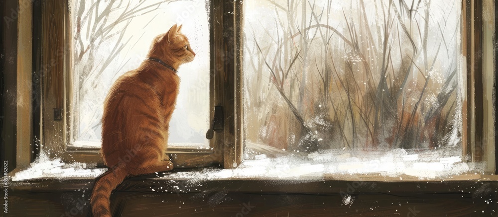 Poster brown cat at the window waiting for spring. with copy space image. Place for adding text or design