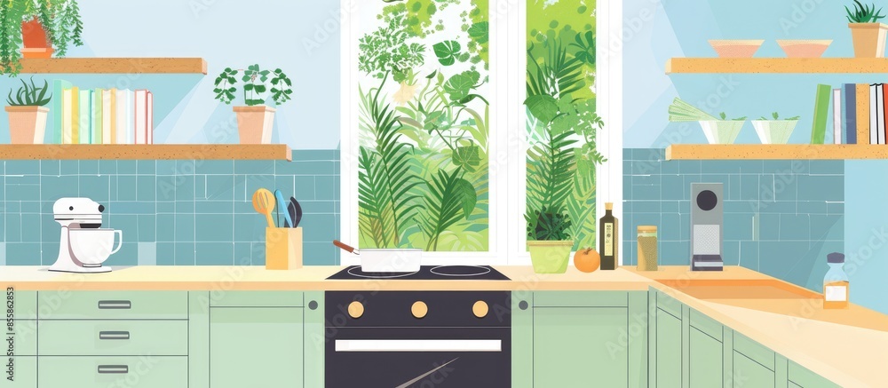 Aufkleber Corner of the kitchen with a worktop with gas hob and oven and above it a built-in shelf with cookbooks and on the other side an open window with culinary plants. with copy space image