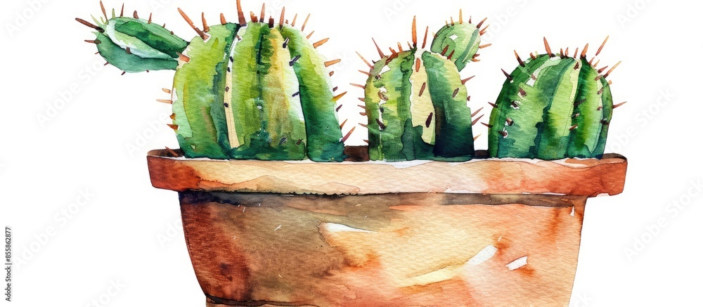 Poster watercolor succulent houseplant cactus with thorns in flower pot closeup isolated on white backgroun