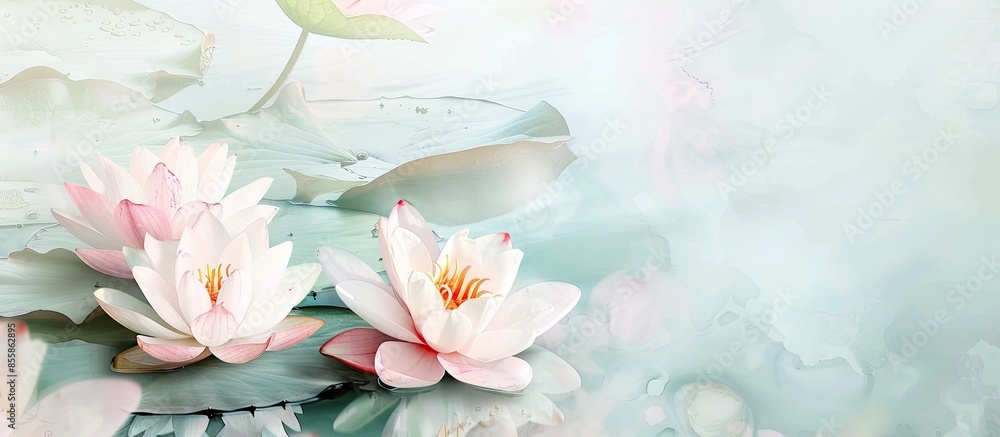 Aufkleber white and pink water lilies pastel background flower. with copy space image. place for adding text o
