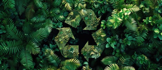 Recycle and Zero waste symbol in the middle of a beautiful untouched jungle for Sustainable environment development goals on Top view of nature. SDGs, ESG, NetZero, and co2 concept