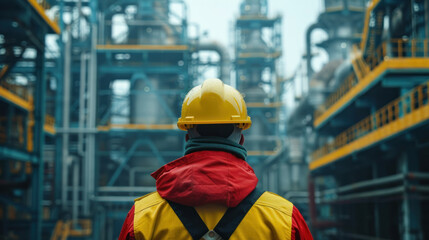 A man in a yellow safety vest stands in front of a large industrial building. He is wearing a hard hat and a red jacket. Concept of caution and safety in a potentially hazardous environment