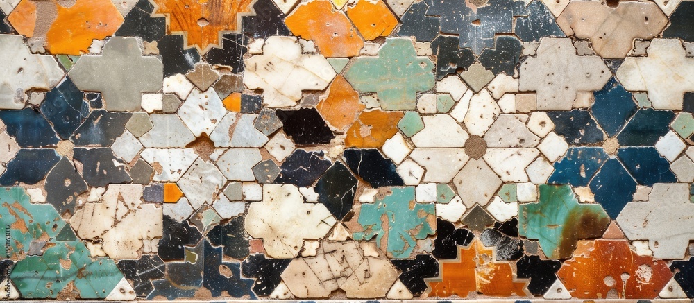 Poster aged islamic patterns on vintage mosaic floor. Copy space image. Place for adding text or design