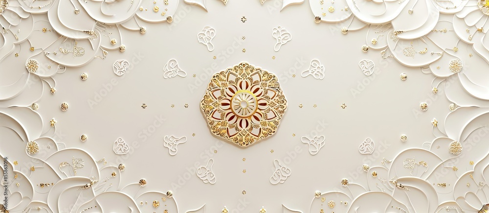 Aufkleber Eid Mubarak Arabic Elegant White and Golden Luxury Islamic Ornamental Background with Islamic Pattern Border. Copy space image. Place for adding text or design