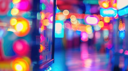 Blurry kids arcade game in a department store with vibrant neon lights and bokeh effects on a colorful abstract background