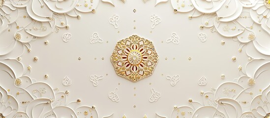 Eid Mubarak Arabic Elegant White and Golden Luxury Islamic Ornamental Background with Islamic Pattern Border. Copy space image. Place for adding text or design