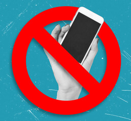 Modern art collage depicting phone ban, hand with phone, bans.