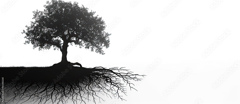 Poster Tree with huge roots. Silhouette.. Copy space image. Place for adding text or design