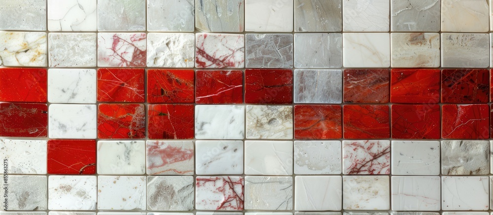 Poster Horizontal rectangular tiled wall in bathroom in detail.  Tiles red and white chinks. with copy space image. Place for adding text or design