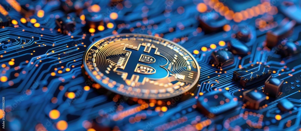 Poster FINTECH concept image. Digital currencies circuit on abstract og digital and binary code background. Representing the cryptocurrency or digital money. Copy space image. Place for adding text or design