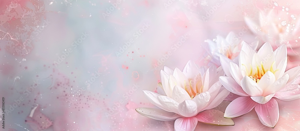 Poster white and pink water lilies pastel background flower. with copy space image. place for adding text o