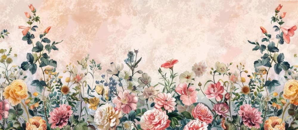 Poster mughal art traditional ethic border flolar motif and botanical vintage flower banch pastel backgroun