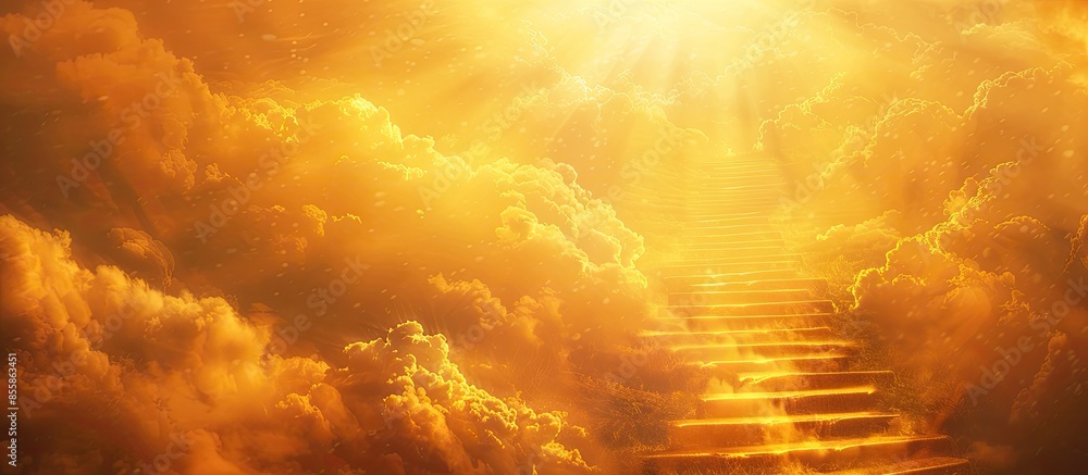 Poster ethereal golden stairway to heaven. copy space image. place for adding text or design