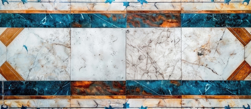 Aufkleber white stone marble floor with decorative blue border and brown tiles. with copy space image. place f