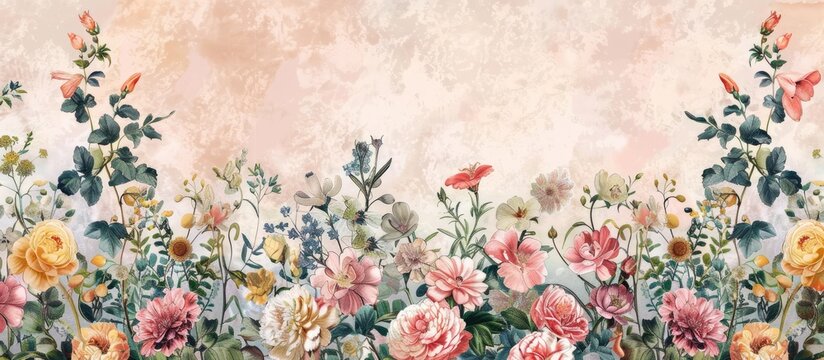 Mughal art traditional ethic border flolar motif and botanical vintage flower banch pastel background. with copy space image. Place for adding text or design