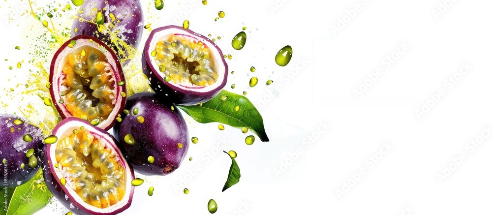 Leinwandbilder whole and sliced ripe passion fruit in the air on a white background. with copy space image. place f