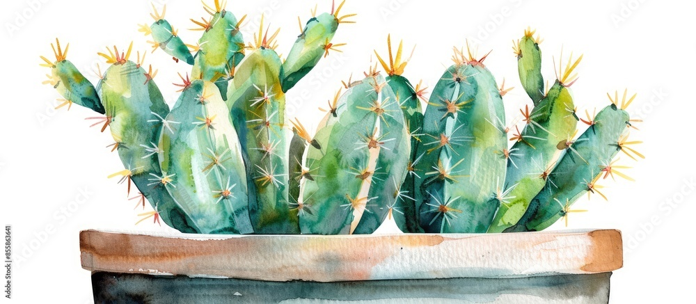 Poster watercolor succulent houseplant cactus with thorns in flower pot closeup isolated on white backgroun
