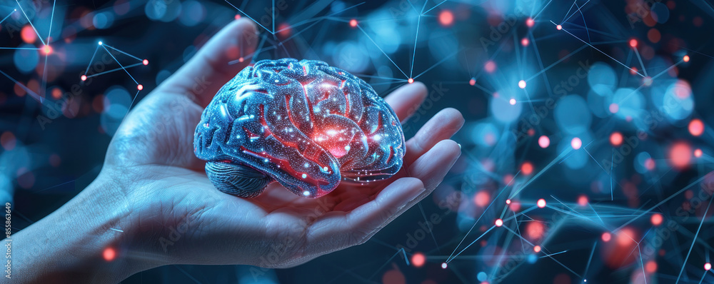 Poster A hand holding a brain with a red dot in the middle. The brain is surrounded by a web of lines and dots