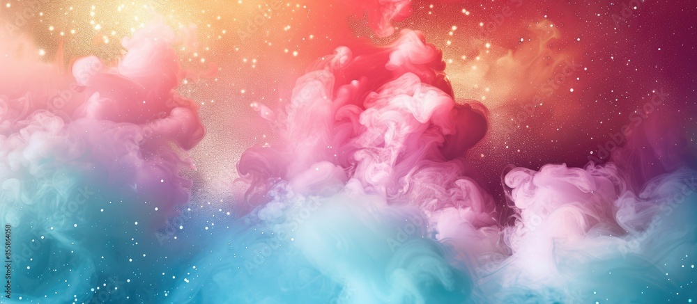 Poster Smoke colorful clouds and shiny glitter bursts. Abstract outer space fairy tale background. Copy space image. Place for adding text or design