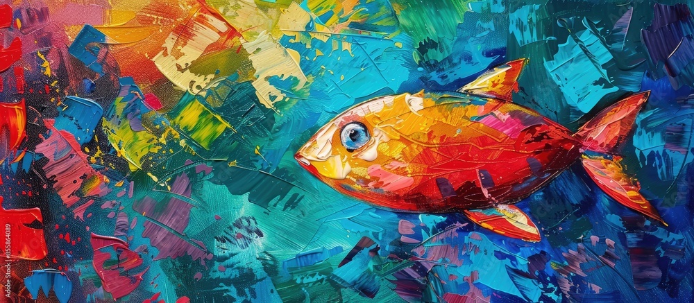 Poster the colorful christian fish, christian symbol, oil painting on canvas. copy space image. place for a