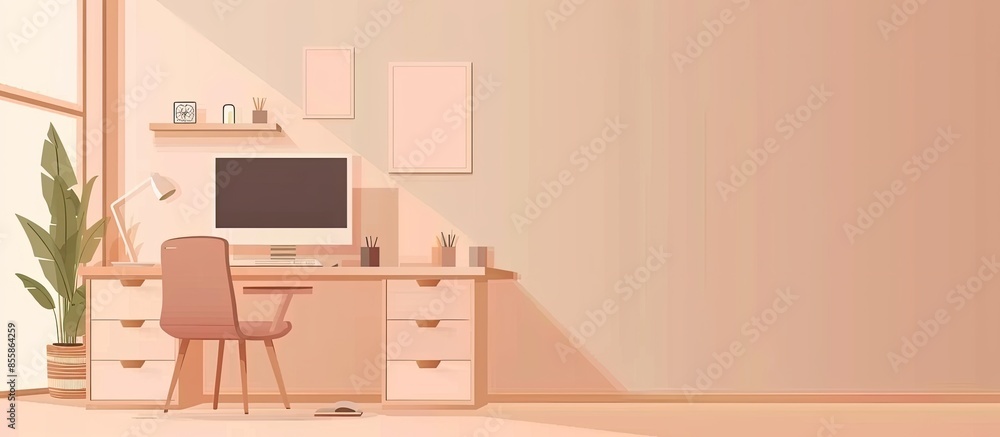 Poster Flat design of modern office interior in minimalistic style and color. Home office. Office working place. with copy space image. Place for adding text or design